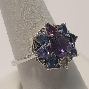 Sterling Silver 925 Multi Gemstone Cluster Ring Amethyst Topaz Size 9 TGGC Chic
